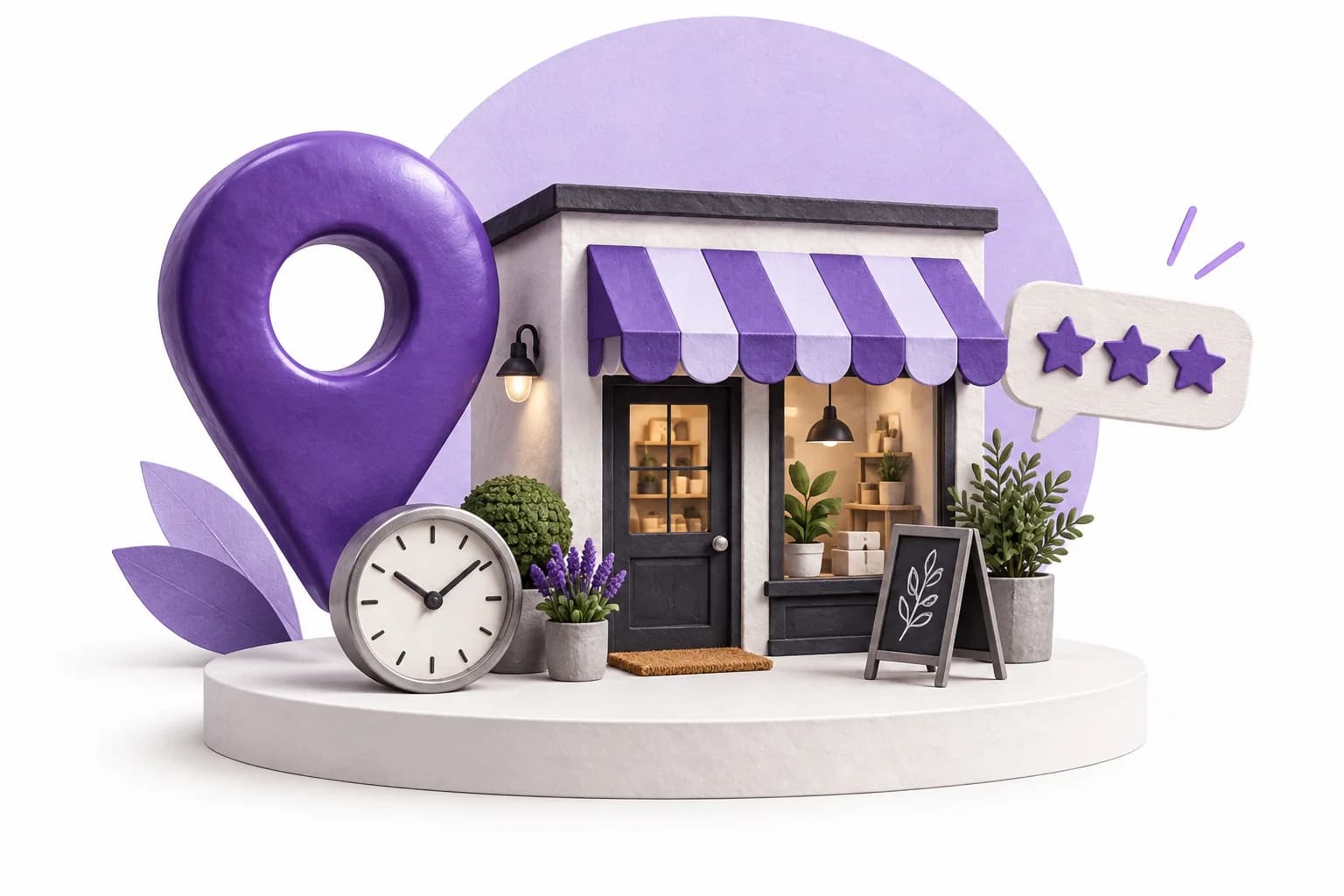 A local storefront with a location pin, clock and review bubble.