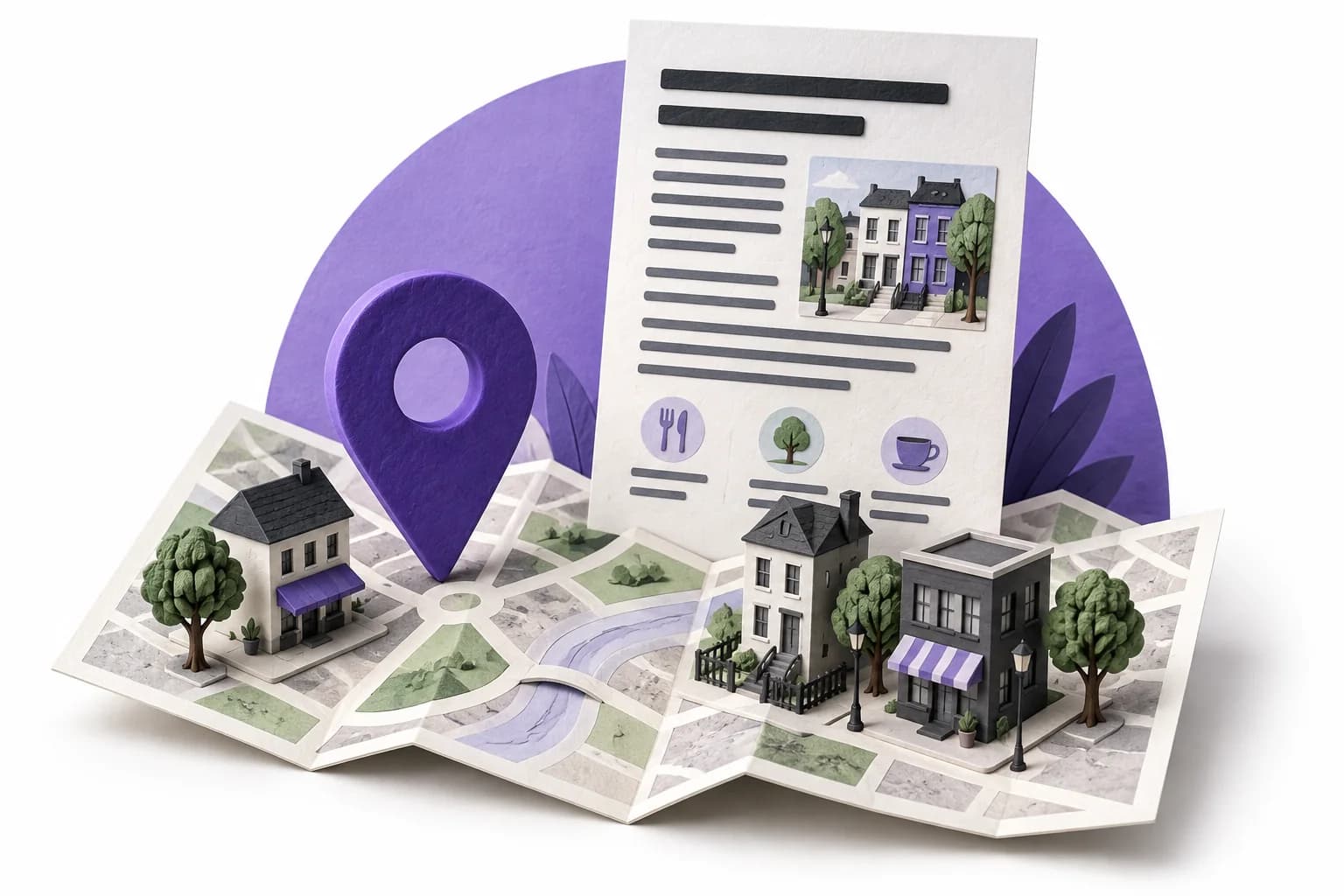 A neighborhood map and miniature buildings beside a local guide.