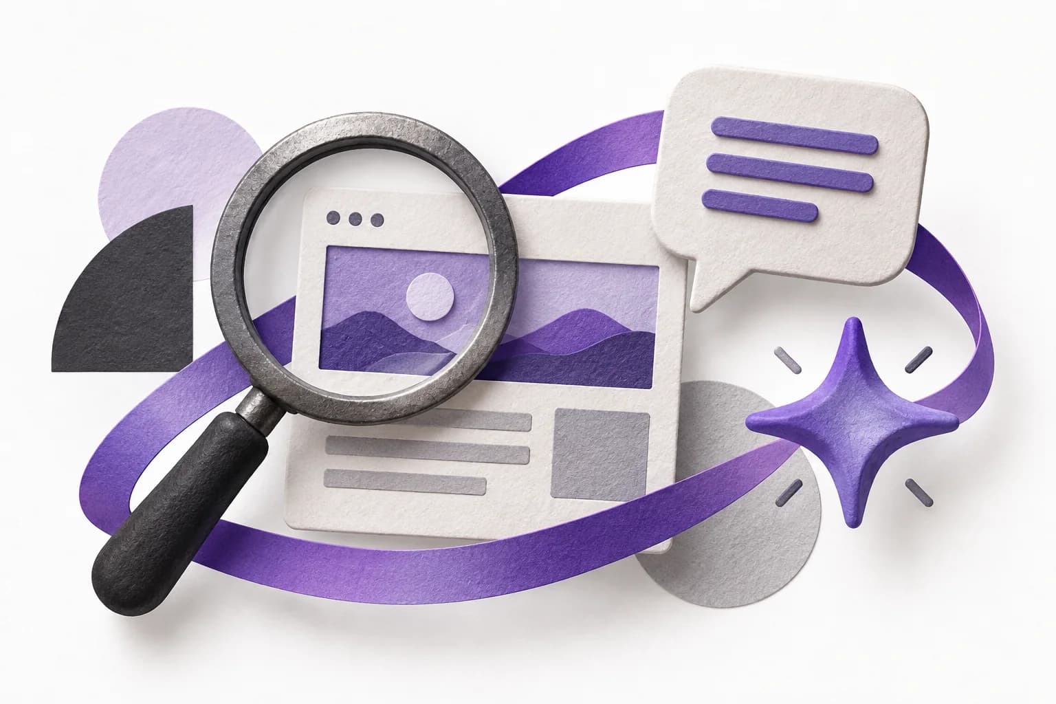 A magnifying glass, answer bubble and AI sparkle surrounding a website.