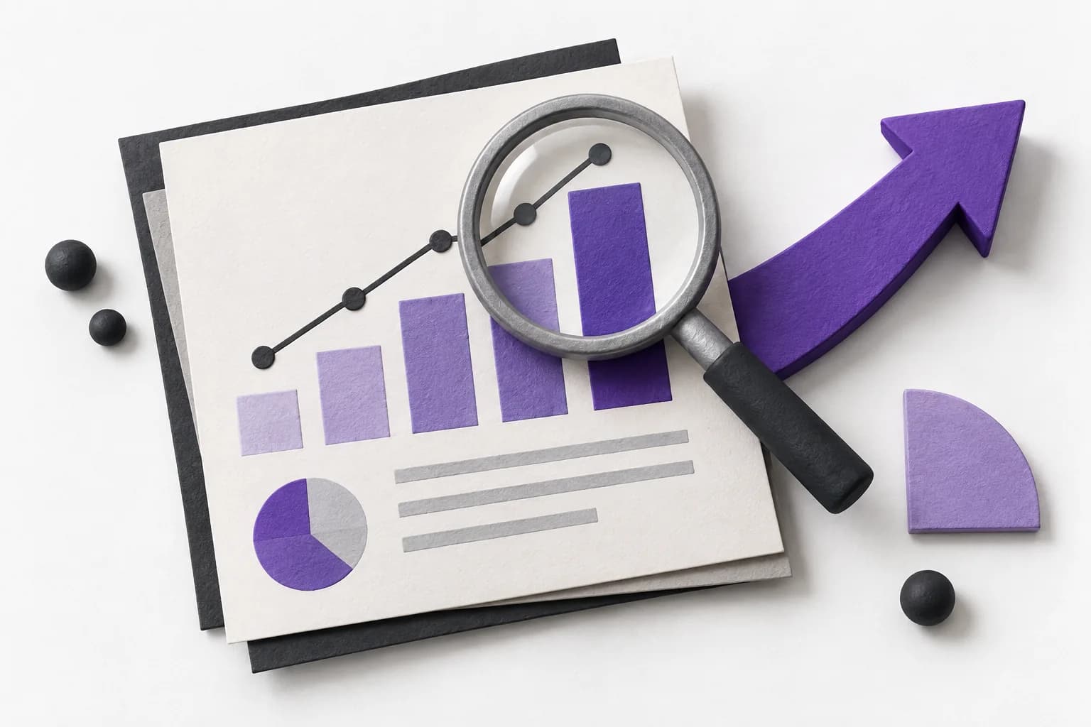 A magnifying glass examining a report beside an arrow showing the next step.